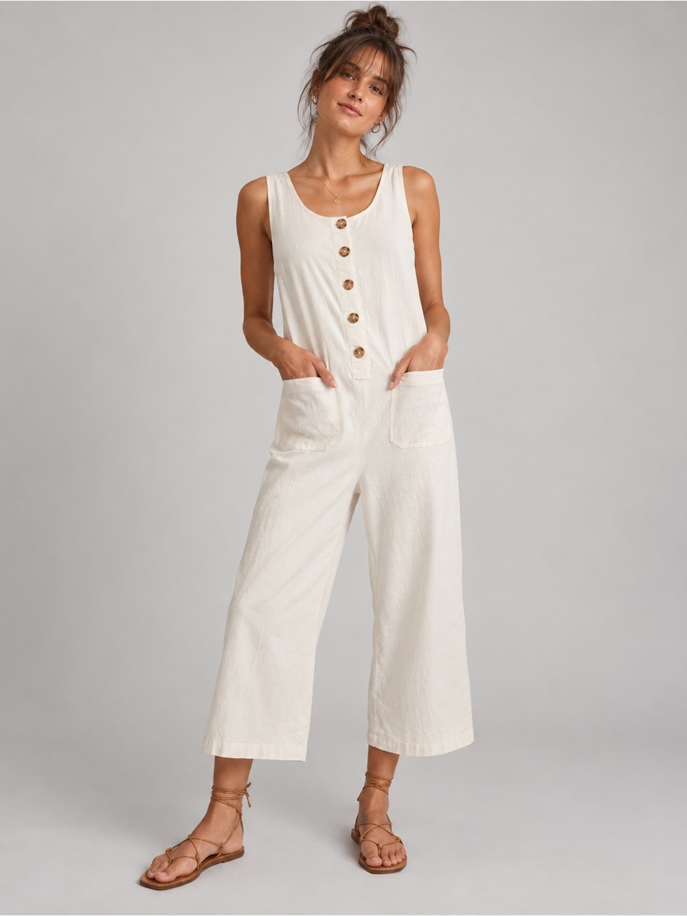 Marine Layer XS Ivory Sleeveless Button Front Wide Leg Cropped Jumpsuit Pockets